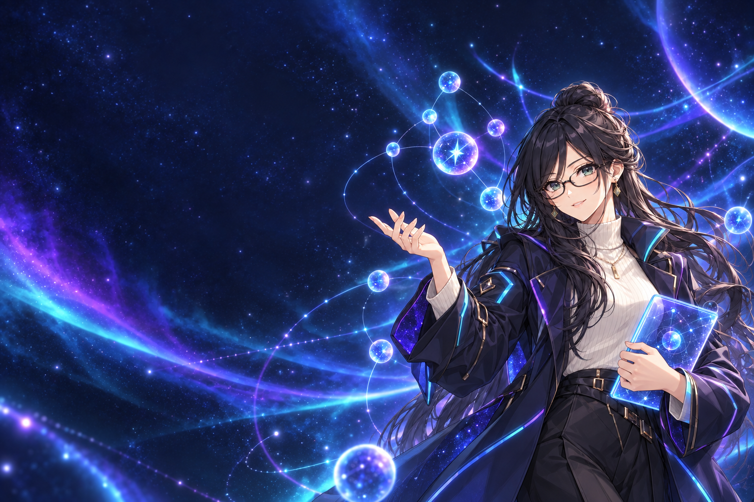 黒髪と眼鏡の案内人が、Astarをイメージした星のネットワークを描くイラスト